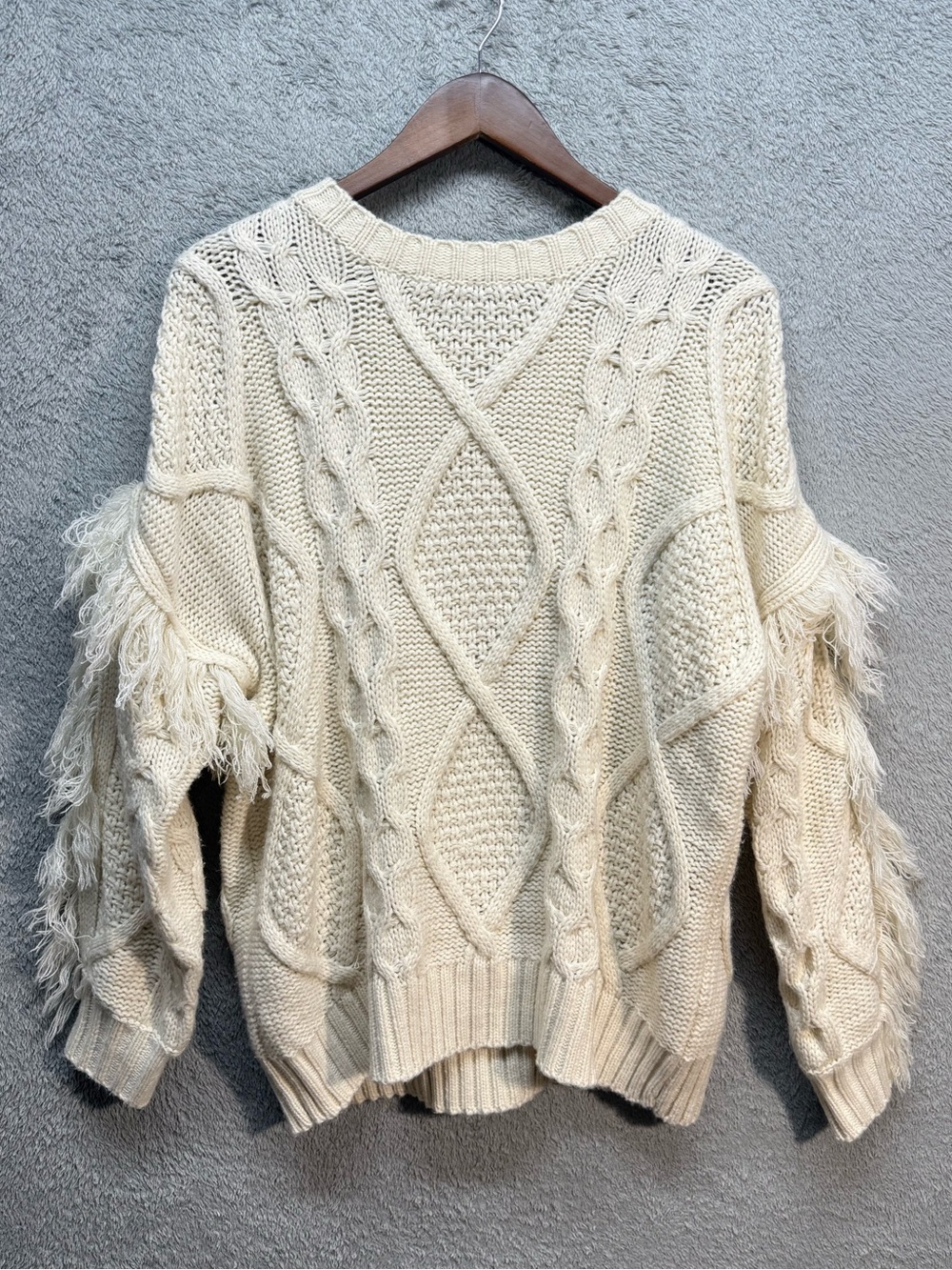 Entro Boho Cream Cable Knit Fringe Sleeve Sweater L
